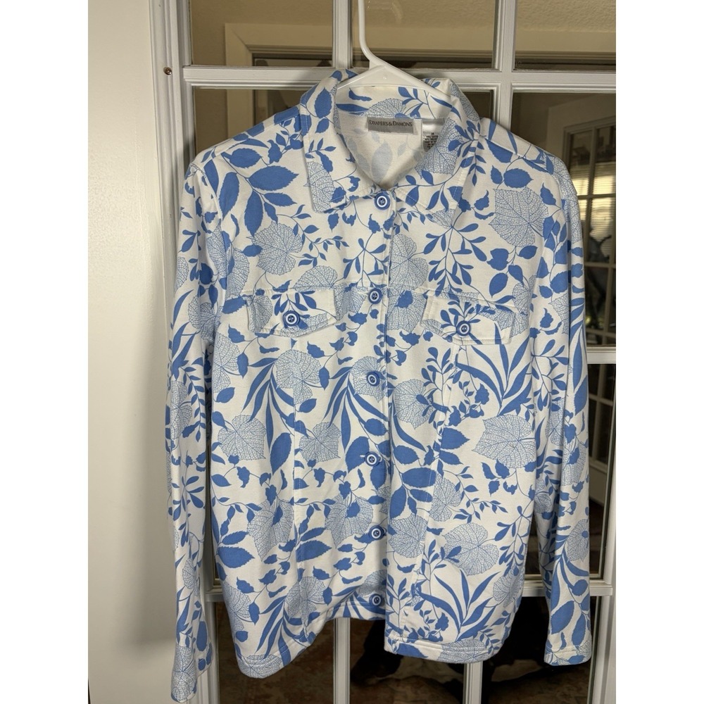 Draper & Damon's‎ Blue And White Botanical Leaf Print Button Down Shirt Medium